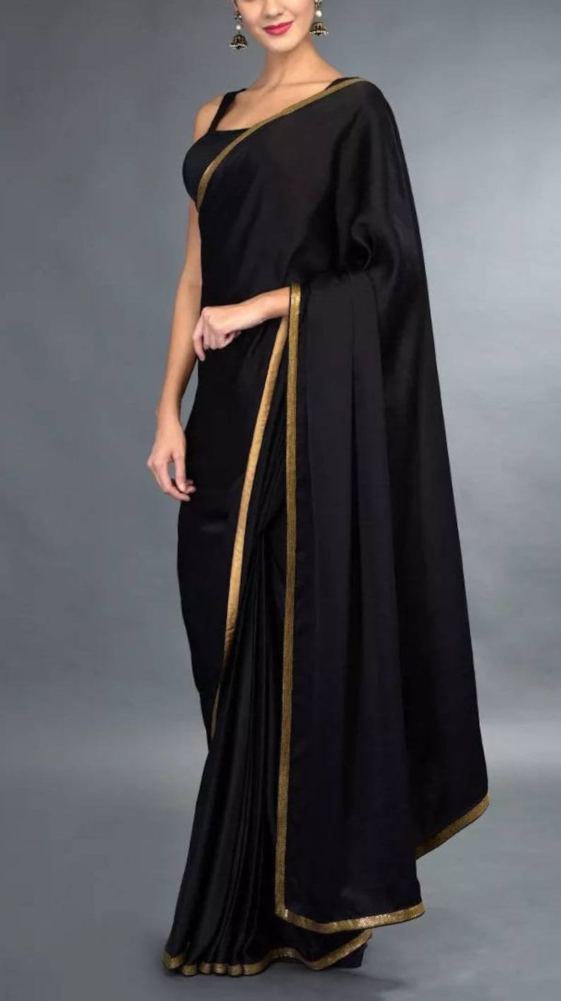 Designer Black Saree with gold border and blouse/ Pure Silk Etsy