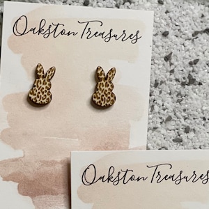 Leopard print Easter Bunny stud earrings | Wooden stud earrings | Engraved earring | Leopard print studs | Easter Stud Earrings|