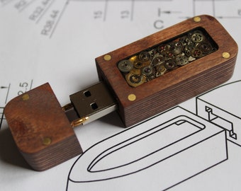 Steampunk USB flashdisk wood + clockwork , flash drive, flash disk, usb key