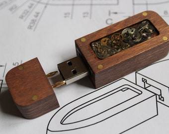 Steampunk USB flashdisk wood + clockwork , flash drive, flash disk, usb key