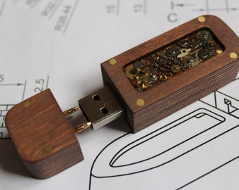 Steampunk USB flashdisk wood + clockwork , flash drive, flash disk, usb key