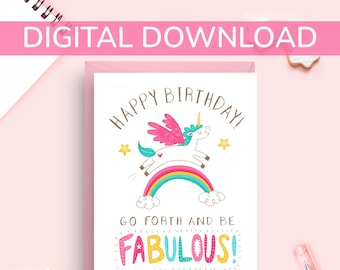 Rainbow Unicorn Birthday Card, Digital Card, Printable Card