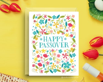 Happy Passover Floral Card, Vibrant Jewish Holiday Greeting, A2 Size, Spring Festival Notecard, Traditional Pesach Blessings