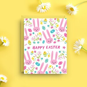 Tarjeta de conejito de Pascua con huevos y flores, saludos de Pascua de primavera, tamaño A2 4,25 x 5,5", tarjeta de feliz Pascua en tonos pastel, celebración de primavera