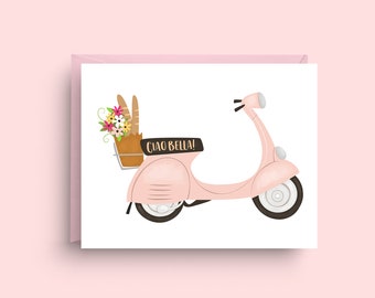 Ciao Bella Vespa Scooter Cards, Boxed Set of 6 Italian-Inspired Notecards, A2 Pink Moped with Flowers, Blank Inside