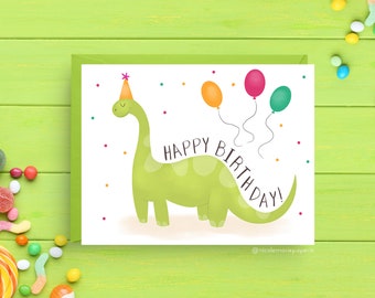 Dinosaur Birthday Card, Birthday Card for Kids, Fun Dino Party Greeting Card, Blank Inside, A2 Size, with Colorful Envelope