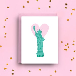 Biglietto d'amore Statua della Libertà, auguri a forma di cuore a New York, busta rosa o blu a scelta, formato A2, disegno simbolico dell'amore