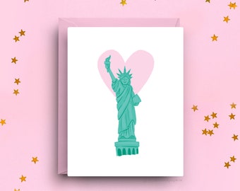 Statue of Liberty Love Card, New York City Greeting Card, Choose Pink or Blue Envelope, A2 Size, Symbolic Heart Design