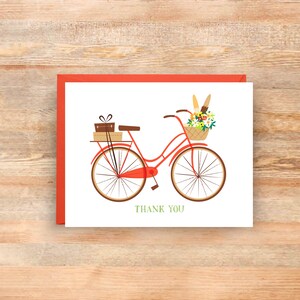 Carte de remerciement vintage pour vélo rouge, intérieur vierge, format A2, note florale sur le vélo, papeterie de gratitude classique