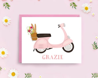 Vespa Thank You Card, Pink Vespa 'Grazie' Note, A2 Chic Scooter Thank You, Italian-Inspired Design with Pastel Florals