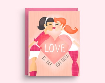 LGBTQ+ Love Card, Lesbian Couple Heart, Love Card, A2 Card with Pink Envelope