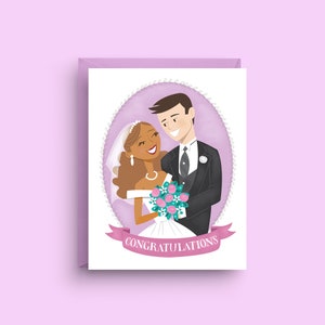 Cartão de casamento interracial, parabéns aos noivos, 4,25 x 5,5 com envelope roxo