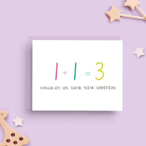 Karta z okazji nowego dziecka, 1 + 1 = 3 Karta z gratulacjami, Karta z informacją o ciąży, Karta z okazji baby shower, Karta z pozdrowieniami o nowym dziecku, Karta z okazji neutralnej płci dziecka
