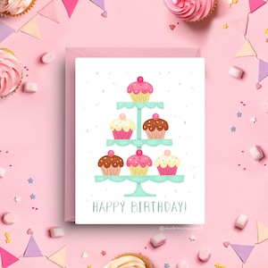 Pink Cupcake Birthday Card, Cute Dessert Greeting Card for Kids & Girls, Sweet Treat Birthday Card, A2 Size with Matching Envelope
