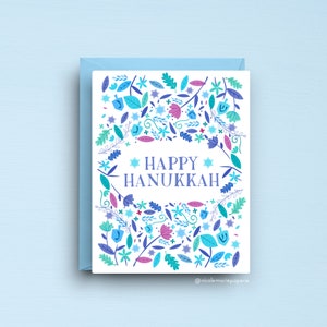 Gelukkige Chanoeka-kaart, blauwe bloemen Joodse feestdag, premium blanco kaarten met bijpassende envelop, feestelijke Chanoeka-briefpapier