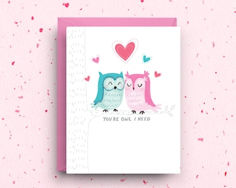 Owl Love Card, Cute Owl Couple Anniversary Card, Whimsical I Love You Greeting, A2 Size, Romantic Bird Pun