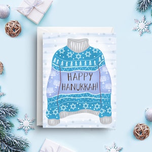 Carte Happy Hanoukka, carte de vœux pour les fêtes, chandail moche, voeux juifs festifs, format A2 (4,25 po. x 5,5 po.), pull bleu, parfait avec une enveloppe