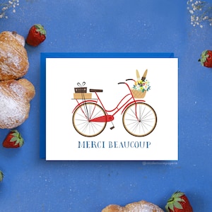 Merci Beaucoup biglietto di ringraziamento, design bicicletta vintage rossa, formato A2, saluto di gratitudine francese, nota di apprezzamento in stile parigino