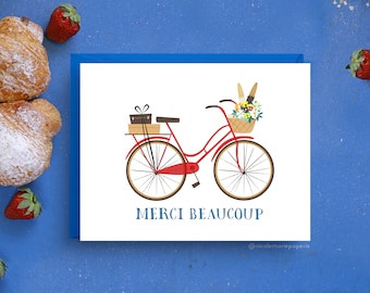 Merci Beaucoup Thank You Card, Red Vintage Bicycle Design, A2 Size, French Gratitude Greeting, Classic Parisian Style Appreciation Note