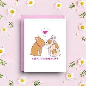 Biglietto di auguri per anniversario Puppy Love, coppia di simpatici bulldog francesi, formato A2 4,25x5,5", biglietto di auguri romantico per cani