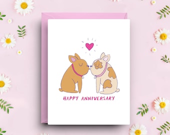 Spring Puppy Love Anniversary Card, Cute French Bulldog Couple Greeting, A2 Size 4.25x5.5", Romantic Canine Celebration Note