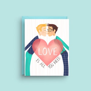 LGBTQ+ Love Day Card, 'Love is All You Need', Same-Sex Couple, Heartfelt Design, Blue Envelope Included