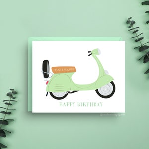 Vintage Geburtstagskarte für Vespa, italienisches Design, Retro Happy Birthday Grußkarte, A2 Größe, pastellgrünes Moped