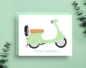 Vintage Vespa Scooter Birthday Card, Classic Italian Design, Retro Happy Birthday Greeting Card, A2 Size, Pastel Green Moped