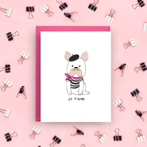 Französische Bulldoggenkarte, Je T'aime Karte, schicke Pariser Ich liebe dich Karte, Frenchie mit Baskenmütze, romantischer Valentinstagsgruß