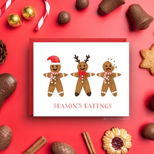 Season&#39;s Eatings Christmas Card, Funny Gingerbread Man Holiday Card, Humorous Christmas Greeting, A2 Size with Red Envelope