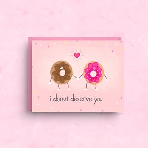 Carte d'amour donut, je vous mérite, jolie carte de jeu de mots donut, voeux de gourmands drôles, carte amour de pâtisserie rose