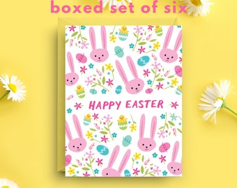 Boxed Set of 6 Easter Bunny Cards, Spring Floral Greetings, A2 Size 4.25x5.5", Pastel Happy Easter Celebration Pack