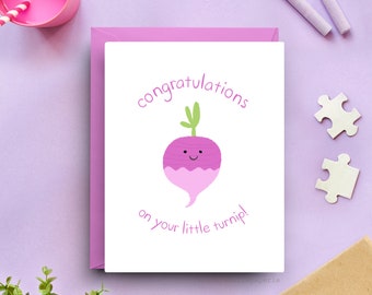 New Baby Spring Congratulations Card, 'Little Turnip' Design, A2 Size with Purple Envelope, Gender-Neutral, Perfect for Baby Showers