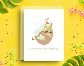 Cute Sloth Birthday Card, Whimsical Party Sloth Design, A2 Size 4.25x5.5", Perfect for Kids and Adults, Celebration Greeting with Envelope