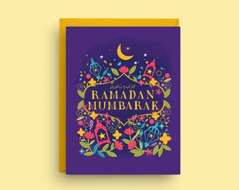 Vibrant Ramadan Mubarak Card, Lunar Blessings Greeting, A2 Size 4.25x5.5", Colorful Islamic Celebration Card with Envelope