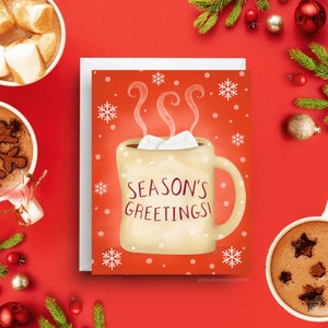 Tarjeta navideña con chocolate caliente y saludos de temporada, saludo festivo de Navidad, cálidos deseos de invierno, tamaño A2 con sobre blanco