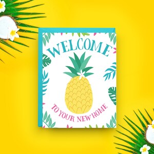 Inwijdingskaart tropische ananas, warm welkom thuisgroet, milieuvriendelijk karton, blanco binnenkant, viering van het nieuwe huis