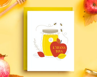 Rosh Hashanah Card, Sweet Beginnings Card, Jewish New Year Card,  Greeting Card with Apples and Honey Jar, A2 Size with Yellow Envelope