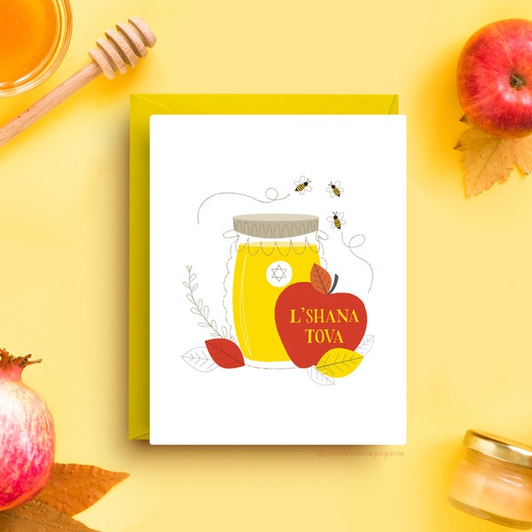 Rosh Hashanah Card, Sweet Beginnings Card, Jewish New Year Card,  Greeting Card with Apples and Honey Jar, A2 Size with Yellow Envelope