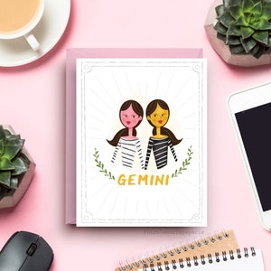Carte d'anniversaire du zodiaque des Gémeaux, jumeaux illustrés, format A2, carte de fête d'anniversaire signe d'air, carte d'anniversaire de mai et juin