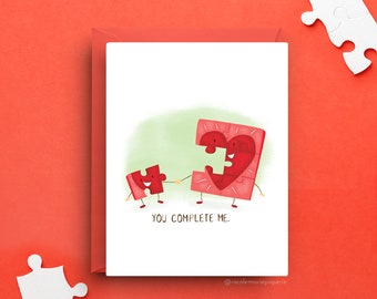 Jig Saw Puzzle Love Card, You Complete Me, Romantic Greeting Card, Card for Sweetheart, Blank Inside with Red Envelope