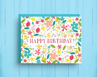 Vibrant Botanical Birthday Card - Eco-Friendly Floral Design, A2 Size, Blue Envelope Included