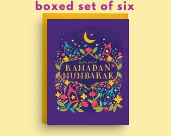 Boxed Set of 6 Ramadan Mubarak Cards, Colorful Lunar Blessings Greetings, A2 Size 4.25x5.5", Islamic Celebration Card Pack