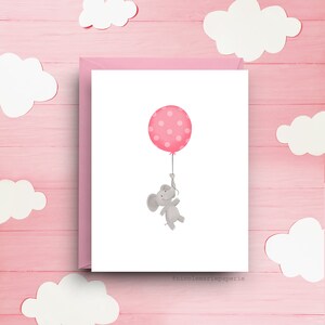 Carte de baby shower éléphant, ballon rose à pois, célébration pastel, voeux vierge, carte souvenir avec enveloppe rose
