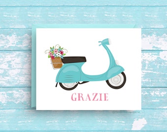 Grazie Card, Blue Vespa Card, Thank You Card