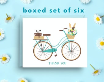 Set of 6 Vintage Bicycle Thank You Cards, Springtime Gratitude Cards, Floral Bike Notecards, Bulk Thank You Set with Envelopes