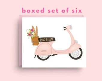 Italian Scooter Notecards Boxed Set, 'Ciao Bella' Vespa Blank Cards, Set of 6 Pink Moped Stationery, Travel-Themed Card Collection