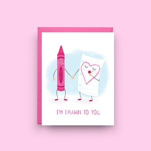 I'm Drawn To You Love Card, Whimsical Crayon and Paper Love Greeting, A2 Size, Creative Romantic Card with Pink Envelope