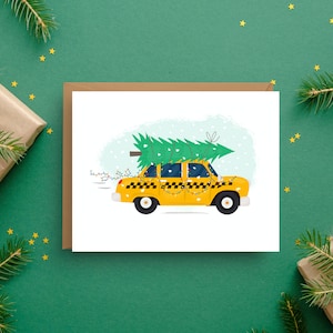 Biglietto di auguri natalizi di New York City, auguri di taxi per le vacanze, design festoso del taxi giallo di New York, formato A2