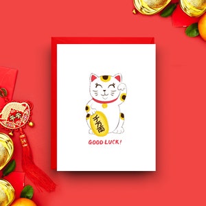 Tarjeta de gato de la buena suerte, amuleto Maneki-neko, tarjeta de aliento para amigos, tamaño A2 4,25 x 5,5"